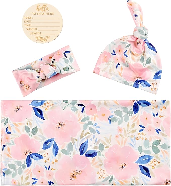 Baby Receiving Blanket Swaddle Blanket Infant Wrap with Matching Headband Beanie and Name Card (Pink and Purple)