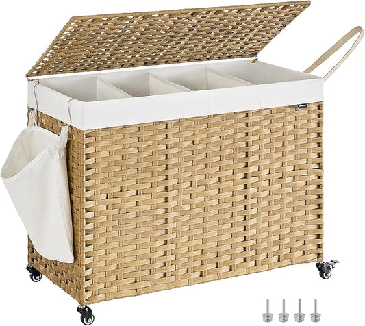 SONGMICS Laundry Hamper with Lid, 55.4 Gallons (210 L), Rolling Laundry Basket with Wheels, 4-Section Synthetic Rattan, Removable Liner, Bedroom, 33.9 x 15.7 x 26 Inches, Natural Color ULCB460Y01