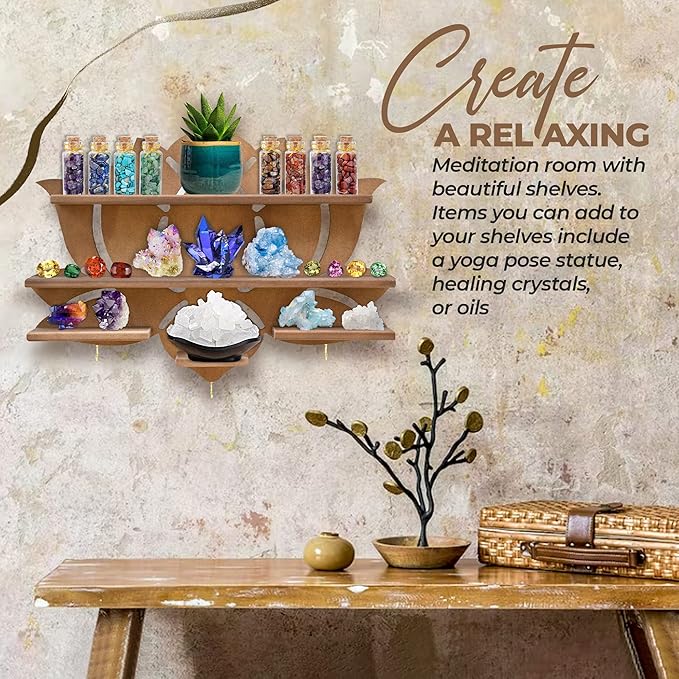 Chakral Wooden Lotus Flower Shelf for Crystals - Floating Crystal Display Shelf & Holder, Wall Decor for Bedroom Aesthetic, Pinewood (Brown)