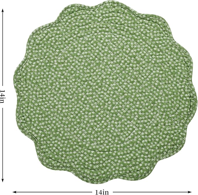 HOMBYS Quilted Placemats Set of 6 Washable Round Placemats for Kitchen Table-100% Cotton Fabric 13 Inch Round Table Mats, Cotton Fabric with Microfiber Filling, (13"x13",Green & White Flower)