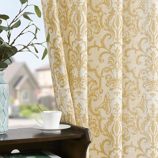 jinchan Light Filtering Curtains, 90 Inch Length 2 Panels Set, Linen Blend Drapes for Bedroom, Vintage Damask Patterned Curtains, Grommet Top Mustard Yellow on Flax