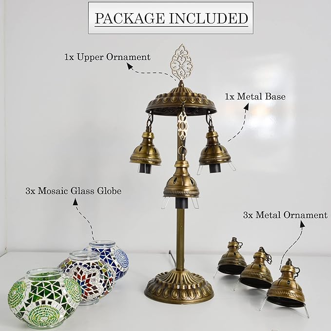 Mozaiist Anatolian Star Turkish Mosaic Glass Table Lamp, Metal Base, 3 Globe