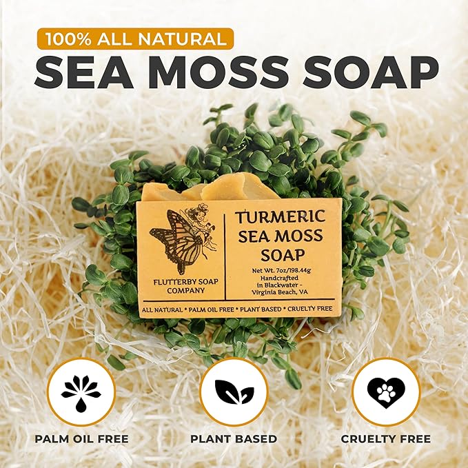 Handmade All Natural Sea Moss Soap - Organic Turmeric Sea Moss Soap Bar - 7oz Large Sea Moss Soap - Plant Based Sea Moss Soap for Face - Sea Moss Soap for Varicose Veins