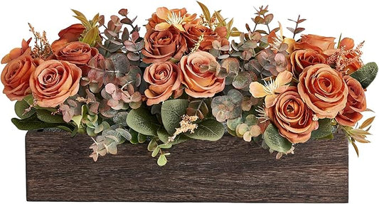 Dahey Centerpiece Table Decorations for Dining Room Farmhouse Living Room Table Centerpieces Decor Wood Tray with 3 Artificial Flowers and 2 Eucalyptus for Kitchen Table, 14.1" x 4.7" x 3.1", Orange