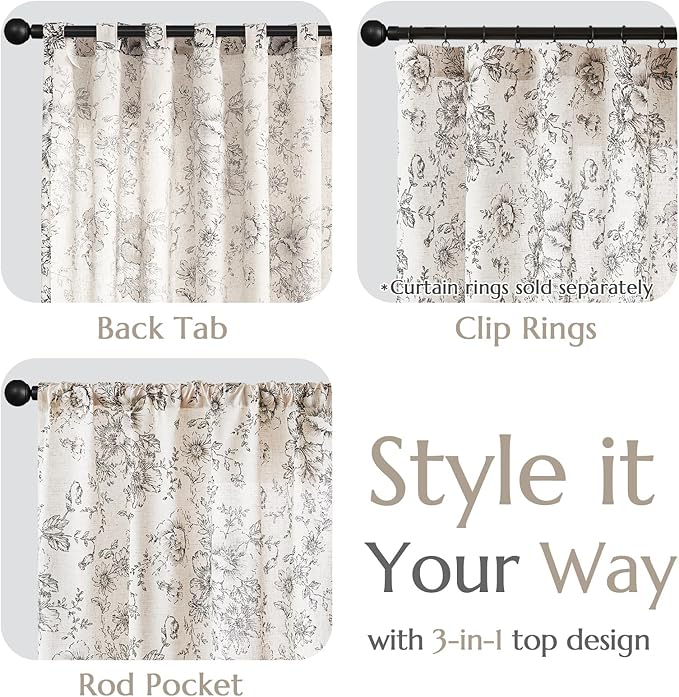 jinchan Linen Blend Curtain Floral Curtains for Living Room 63 Inch Length Black Printed Curtain Rod Pocket Back Tab Farmhouse Peony Flower Patterned Drapes Bedroom Window Curtains Set 2 Panels