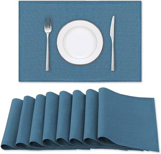 H.VERSAILTEX Linen Placemats Set of 8 Premium Solid Table Placemats for Dining Table Spill-Proof Waterproof Table Mats Heat-Resistant Kitchen Table Mats Washable, 12x18 inches, Ink Blue