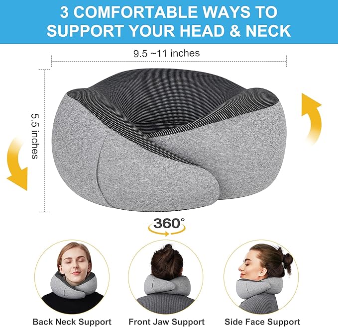 MULIHOMI™ Travel Pillow for Airplane with 100% Memory Foam, 360° Adjustable Full Surrounding Flying Neck Pillows, Travel Pillow Set (Grey)