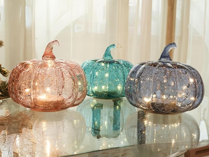 Indigo Blue Crackle Glass Pumpkin Twinkling Light with Timer- Fall Decoration for Home-Lamps for Festive Decoration-Halloween Decorations