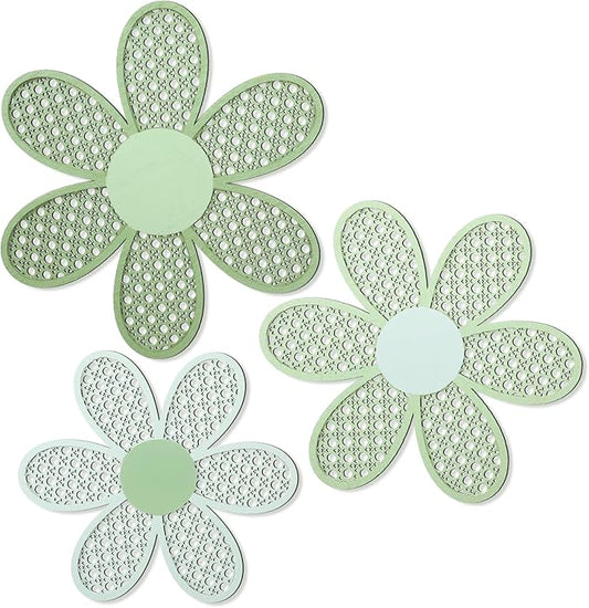 Maitys 3 Pieces Boho Daisy Wall Decor Natural Rattan Flower Wall Hanging Art Wooden Boho Art Nursery Flowers Farmhouse Hanging Decor for Home Office Nursery(Gradient Sage Green)