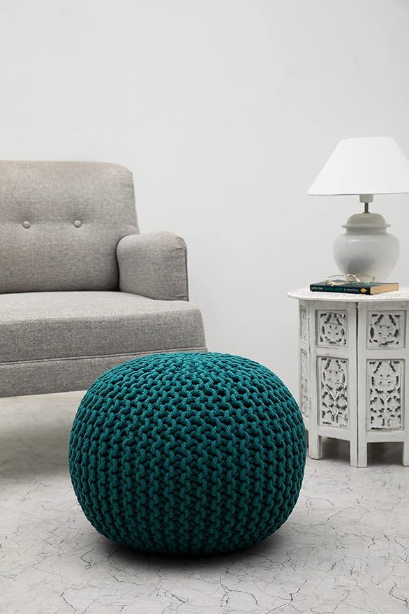COTTON CRAFT Round Pouf - Hand Knitted Cotton Braid Cord Cable Dori Ottoman - Foot Stool - Floor Pouf Footrest Accent Seat Furniture Bean Bag - Living Room Kids Room Nursery Dorm Décor - 20x14 - Teal