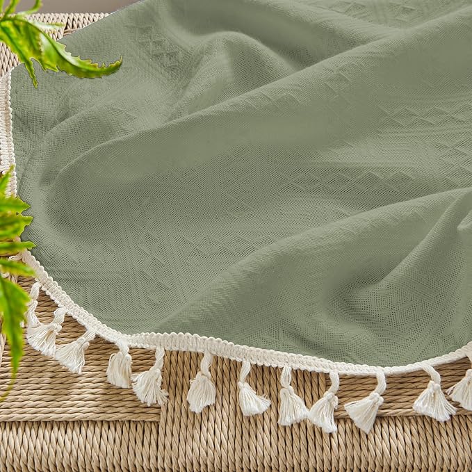 Joydeco Sage Green Boho Curtains 96 Inches Long 2 Panels, Super Soft Bohemian Farmhouse Curtains with Tassels, Semi Sheer Light Filtering Drapes for Bedroom Living Room (Rod Pocket, 52Wx96L)
