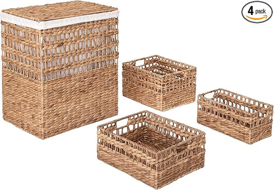 Seville Classics Premium Natural Handwoven Portable Laundry Bin Basket with Carrying Handles, Household Storage for Clothes, Linens, Sheets, Rattan, 3-Piece Hamper Set