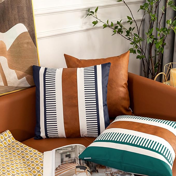 Farmhouse Throw Pillow Covers for Couch Sofa Decorative Faux Leather Square Cushion Cover Tribal Stripe Accent Pillow Case 18 x 18 Inch, Navy Blue