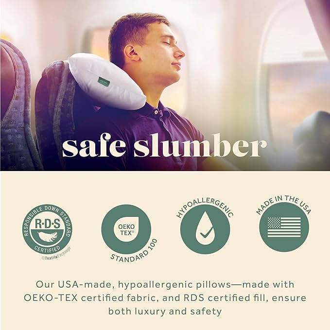 Goose Down Travel Pillow - Filled with 800 Fill Power European Goose Down, Egyptian 300 Thread Count 100% Cotton Cover for Plane car & Home - Made in USA (12x16)