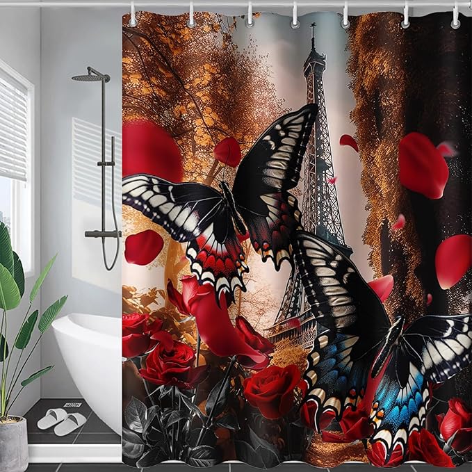 AILONEN Butterfly Shower Curtain for Bathroom,Romantic Red Rose Flower Butterfly Bath Curtain 72" W*96" H,Retro Eiffel Tower Decoration Waterproof Bathroom Curtain with 12 Plastic Hooks