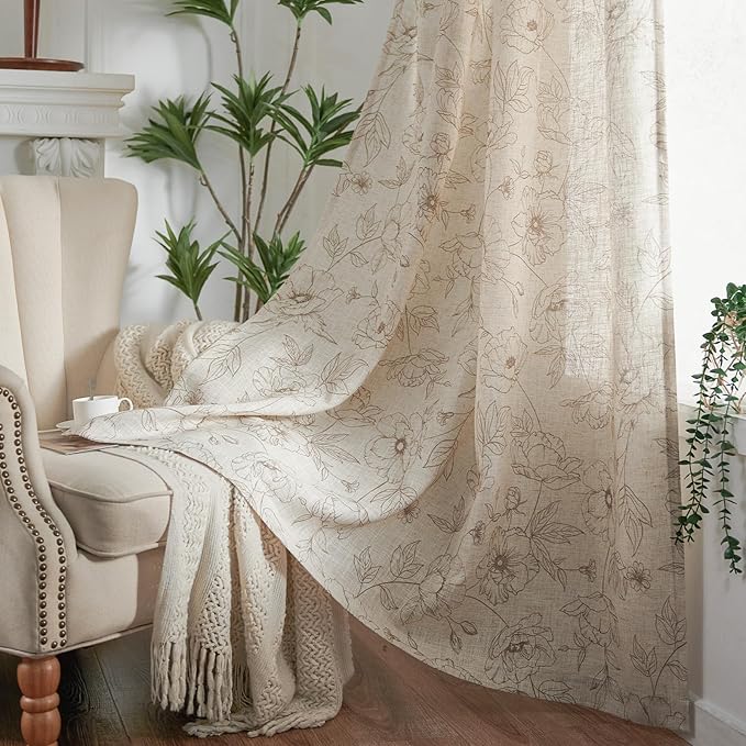 jinchan Linen Floral Curtains for Living Room 84 Inch Length Taupe Flower Curtain Rod Pocket Back Tab Farmhouse Curtains with Printed Floral Bedroom Window Curtain Set, 2 Panels Taupe
