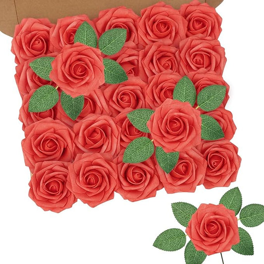 N&T NIETING Artificial Flowers 25pcs Real Looking Coral Foam Fake Roses with Stems for DIY Wedding Bouquets Bridal Shower Centerpieces Floral Arrangements Party Tables Home Decorations