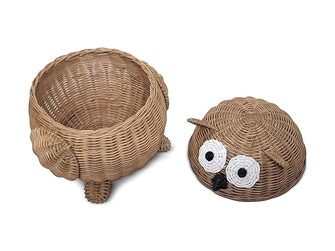 Owl Rattan Storage Basket With Lid Decorative Home Decor Hand Woven Shelf Organizer Cute Handmade Handcrafted Gift Art Decoration Artwork Wicker Hoot Owl (Small, Brown)