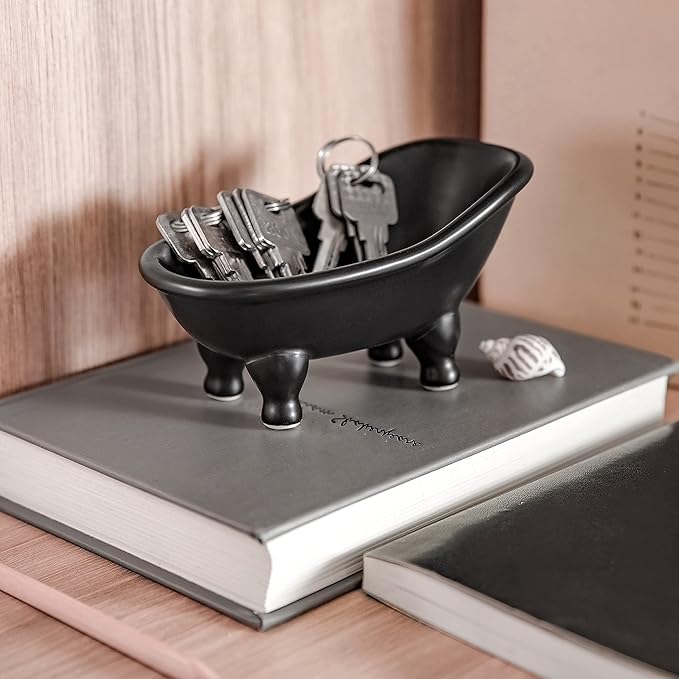 1piece 5.6" Black Ceramic Mini Bathtub Soap Dish Small Planter Makeup Organizer Container Hamster Bathtub (Black)