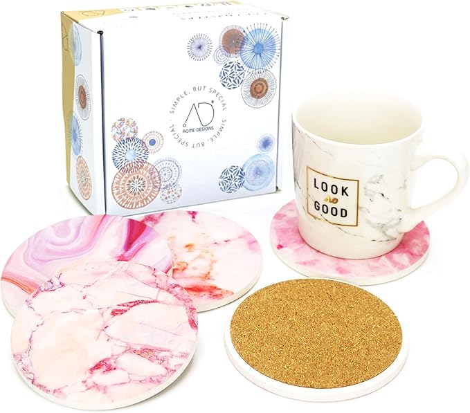AD Set of 6 Coasters for Drinks Absorbing Round Ceramic Stone Coaster with Cork Base Tabletop Protection Mat for Mugs and Cups,Office,Kitchen (Pind Marble with Holder)