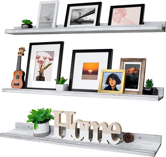 Annecy Floating Shelves Wall Mounted Set of 3, 36 Inch Grey Solid Wood Shelves for Wall, Wall Storage Shelves with Guardrail Design for Bedroom, Bathroom, Kitchen, Office, 3 Different Sizes