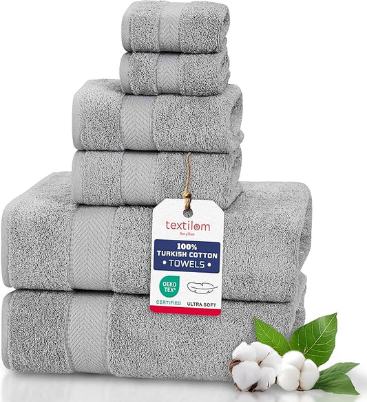 TEXTILOM 6 Pcs Bath Towel Set – Hotel and Spa Quality & Soft & Absorbent & Quick Dry Bath Towels for Bathroom –100% Turkish Cotton Bathroom Towels Set (2 Bath Towels,2 Hand Towels,2 Washcloths)-Grey