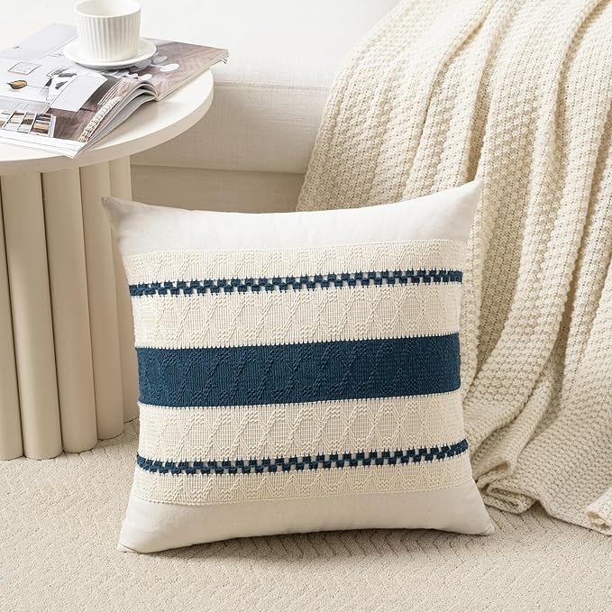 Fancy Homi Set of 2 Boho Teal Big Decorative Throw Pillow Cover 24x24 Inch for Couch Bed Bedroom, Aesthetic Modern Organic Farmhouse Room Decor, Soft Cotton Accent Macrame Woven Cushion Case