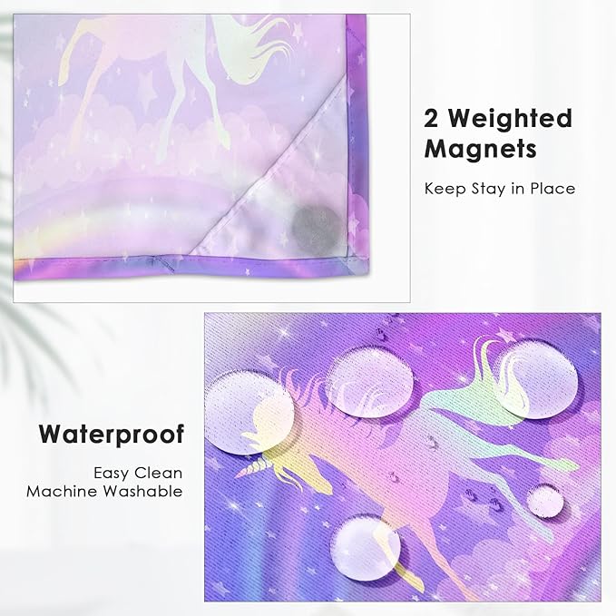 Rainbow Purple Unicorn No Hook Shower Curtain with Snap in Liner, Princess Horse Cute Bath Curtain with Double Layers Waterproof Fabric and Mesh Top Window 71x74 Inch