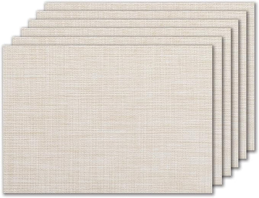 LEXMORE PVC Woven Placemats 6 PCS Wipeable Indoor/Outdoor Table Mats Washable Vinyl Place Mat for Dining Table, Set of 6-Beige White