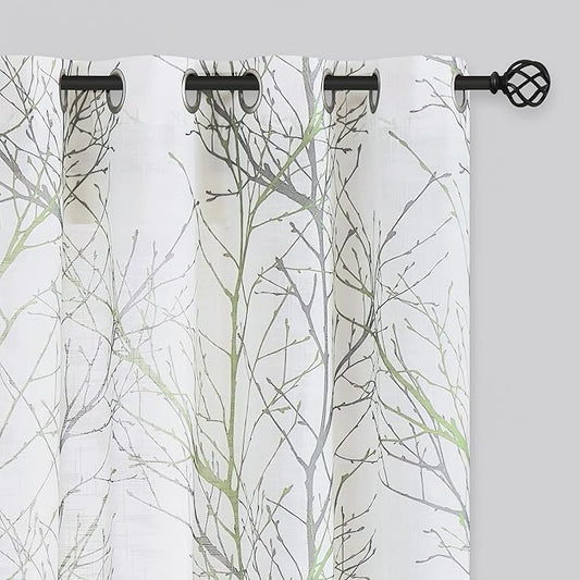 FMFUNCTEX Linen Semi Sheer Curtains for Bedroom, Sage Green White Curtains 63 Inches Long for Living Room, Grey Tree Branch Print Curtain Light Filtering Farmhouse Window Drapes, Grommet Top 2 Panels