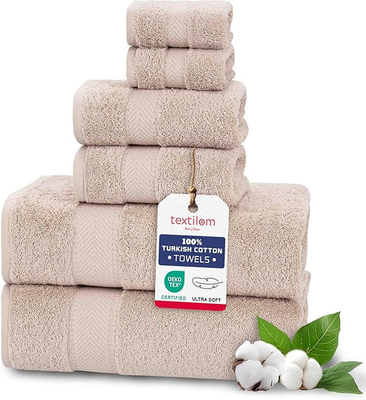 TEXTILOM 6 Pcs Bath Towel Set – Hotel and Spa Quality & Soft & Absorbent & Quick Dry Bath Towels for Bathroom –100% Turkish Cotton Bathroom Towels Set (2 Bath Towels,2 Hand Towels,2 Washcloths)-Beige