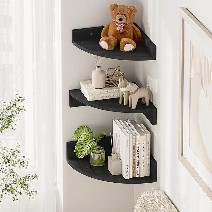 Alsonerbay Black Corner Shelf Wall Mount, Set of 3 Floating Shelves for Wall Storage and Display, Rustic Wood Shelves for Bedroom, Living Room, Bathroom, Entryway, Garage