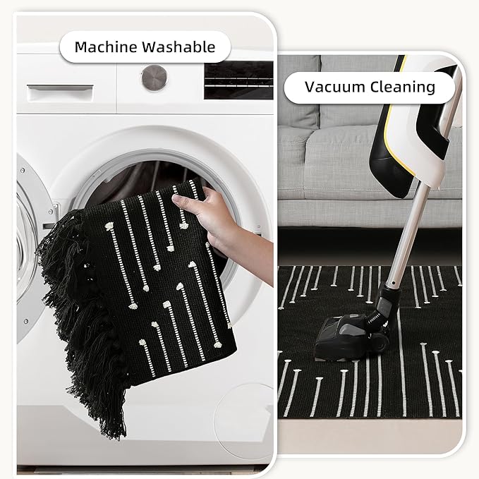 Tritard Boho Hallway Runner Rug 2x10 - Lightweight Washable Area Rug Farmhouse Aztec Cotton Long Thin Rugs with Tassels Kitchen Bathroom Woven Low Pile Carpet for Entryway, Bedroom, Black and White