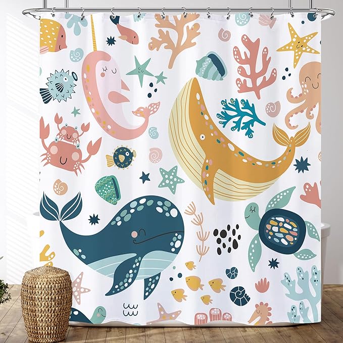 Kids Ocean Whale Shower Curtain 72x72 Sea Animal Cartoon Turtle Funny Underwater Shower Curtain for Bathroom Cute Fish Marine Sealife Starfish Bathtub Curtain Baby Boys Girls Bathroom Decor