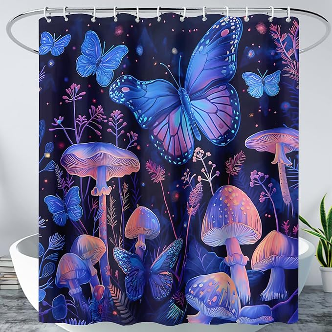 AILONEN Blue Butterfly Shower Curtain,Magic Mushroom Waterproof Fabric Bath Curtain for Kids Girl,Boho Style Shower Curtain Set for Bathroom,Natural Fungal Plant Shower Curtain with Hooks 36" W*72" H