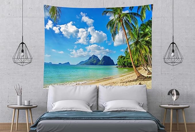Loccor Ocean Beach Tapestry Tropical Seaside Island Palm Trees Waves Wall Tapestry Summer Hawaii Paradise Landscape Wall Hanging Hippie Bohemian Wall Art for Living Room Bedroom Home Decor（60x50 Inch）