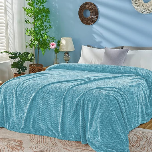 inhand Blue Fleece Queen Blanket for Bed, Super Soft Flannel Cozy Blankets for Adults, Lightweight Leaves Pattern Fuzzy Blanket for Office,Travel, Warm Plush Blankets for All Season, 90x90 Inches