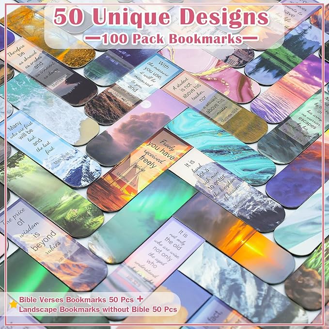 100 Pack Bible Magnetic Bookmarks Christian Scenery Magnet Bookmark Clips for Women Men Book Lovers Bible Page Markers for Teachers Students Reading School Office Home, Printing on 2 Side
