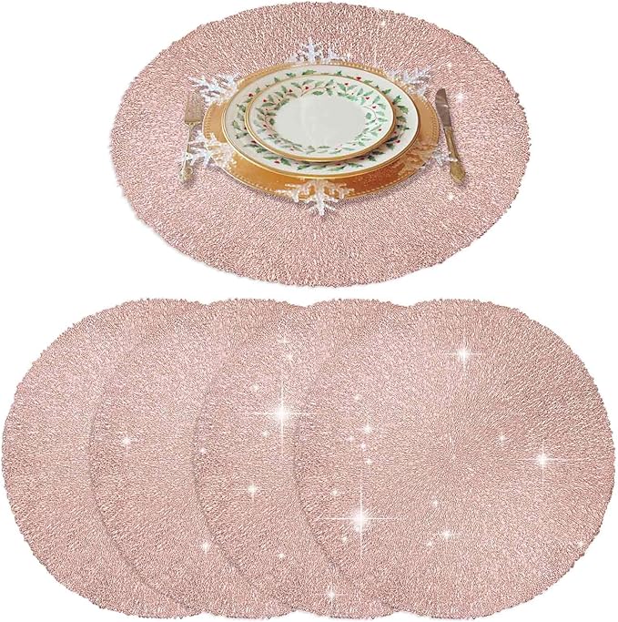 GIVERARE Placemats Set of 4, Round Heat-Resistant Vinyl Placemat, 15 inch Non-Slip Washable PVC Table Mat, Easy to Clean Premium Plastic Mats for Dining, Kitchen Table (Bright Pink)