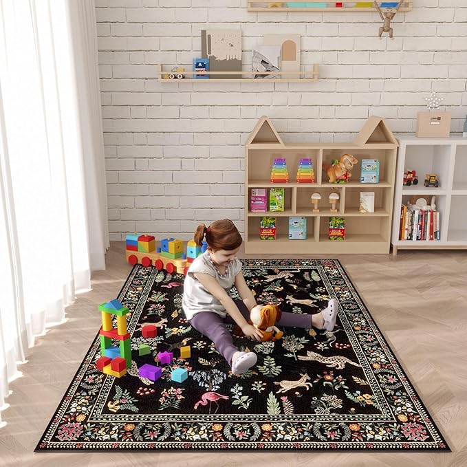 Bedroom Rug 3x5 Rug Washable Area Rug Non Slip Low Pile Boho Floral Animal Small Carpet for Bedroom, Bedside, Kitchen, Entryway, Kids Room, Office, College Dorm Essentials for Girls (Black)