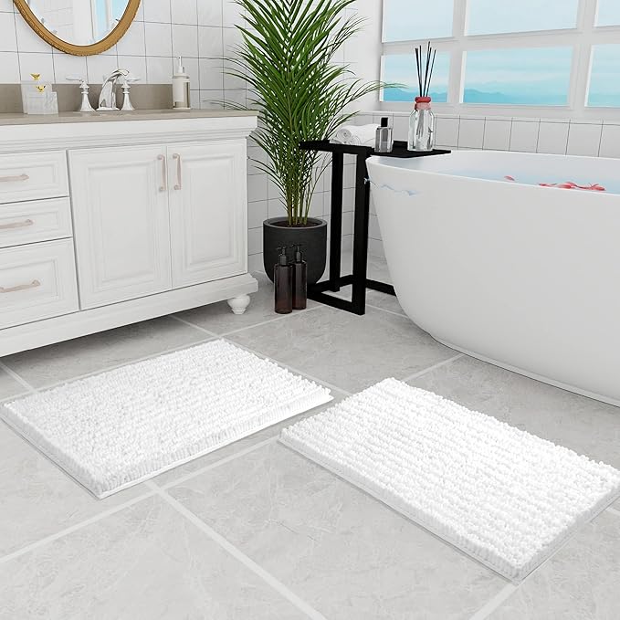 Walensee Bathroom Rug 2 Pieces Set Non Slip Bath Mat (20"x32" Plus 20"x32" White) Water Absorbent Super Soft Shaggy Chenille Machine Washable Dry Extra Thick Perfect Carpet for Shower Floor