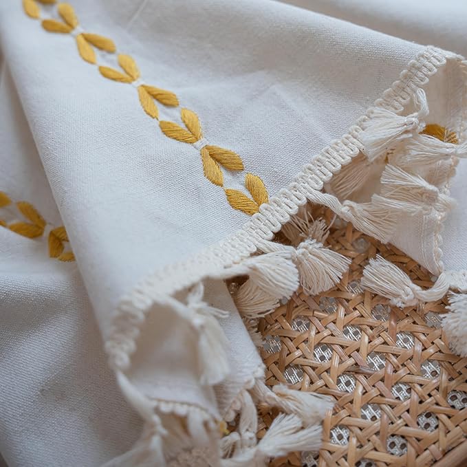 Sutuo Home Boho Curtains for Living Room Bedroom, Semi Blackout Farmhouse Vintage Shabby Chic Tassels Window Treatment Bohemian Embroidery Drape, Rod Pocket 1 Panel 52" W x 96" L, White and Gold