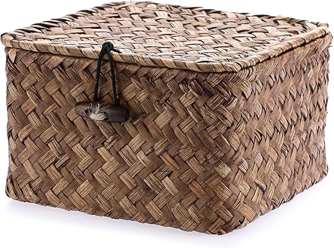 Hipiwe Seagrass Basket with Lid Wicker Storage Basket Square Handwoven Decorative Baskets Box for Shelf Multipurpose Household Baskets Home Decor,X-small