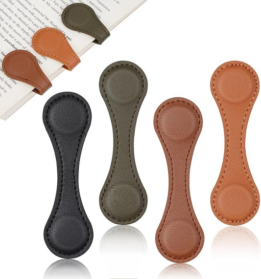 Leezmark 4 Pcs Magnetic Leather Bookmarks, Classic Stitched Bookmark Page Markers Reading Gifts for Book Lovers, Readers, Teachers, Leather Book Marks for Men Women