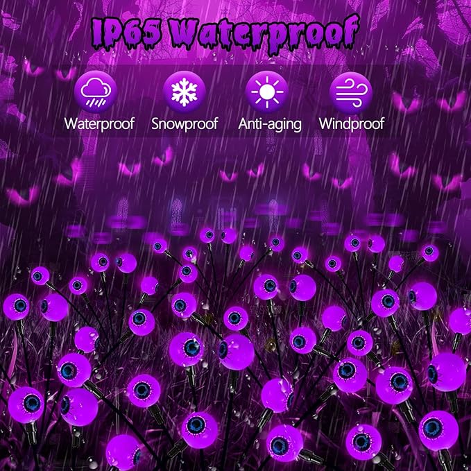 6Pack 36LED Purple Solar Halloween Eyeball Lights Outdoor, Solar Garden Lights Outdoor Waterproof, Firefly Light Swaying by Wind with 2 Modes for Pathway Patio Yard Garden Halloween Decorations