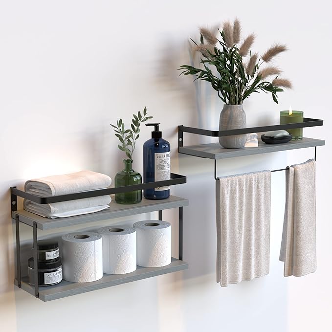 RICHER HOUSE 2+1 Tier Wall Mounted Floating Shelves Set of 2, Rustic Wood Wall Shelf with Metal Frame, Extra Storage Rack for Bathroom, Kitchen, Bedroom with Tissue Rack & Towel Bar - Grey