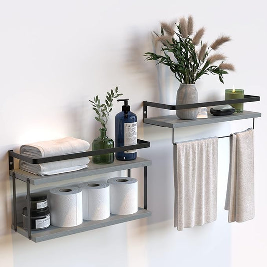 RICHER HOUSE 2+1 Tier Wall Mounted Floating Shelves Set of 2, Rustic Wood Wall Shelf with Metal Frame, Extra Storage Rack for Bathroom, Kitchen, Bedroom with Tissue Rack & Towel Bar - Grey
