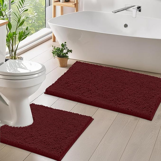 LuxUrux Bathroom Rugs Sets 2 Piece: Quick Dry, Soft Plush Anti-Slip, Super Absorbent. Includes Rectangular (31x20 inches) & U-Shaped Toilet Mat (20x20 inches) | Burgundy