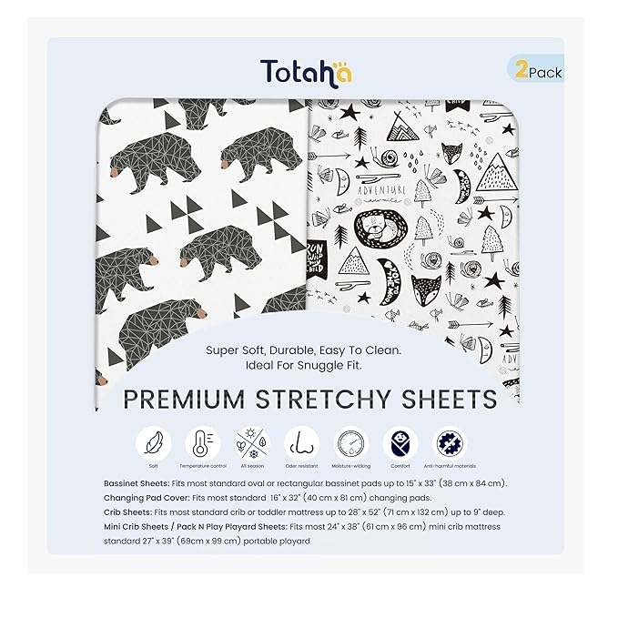 TotAha Bear Changing Pad Cover Boys Girls, Buttery Soft Change Table Pad Covers Fit 32"/34" x 16" Pads Safe and Snug, Super Stretchy Jersey Changing Table Sheets, 2 Pack