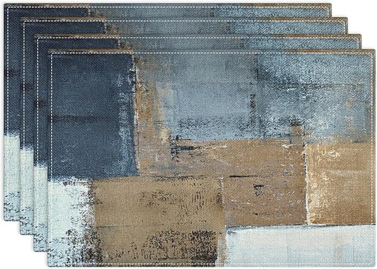 Emvency Farmhouse Placemats Set of 4, Vintage Brown and Blue Abstract Art Painting 12x18 Inch Table Mats for Outdoor Home Party Kitchen Dining Decoration
